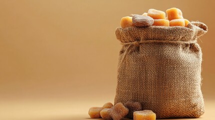 Burlap sack overflowing with traditional sweets set against a warm backdrop, perfect for festive celebrations and customizable banner design.