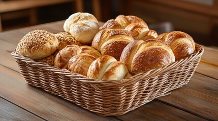 Fototapeta premium Assortment of freshly baked breads arranged in a woven wicker basket, featuring golden crusts and diverse textures, set against a rustic wooden table in a cozy bakery atmosphere.