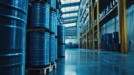 Stacked blue barrels on pallets in a spacious warehouse, showcasing organized industrial storage solutions and efficient use of space.