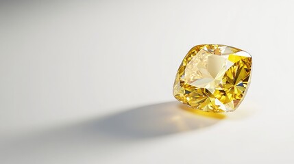 Vibrant cushion cut yellow diamond with stunning clarity showcasing brilliant facets and casting soft shadows against a clean white background