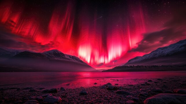 Vibrant red aurora borealis cascading over mountains, creating a stunning night sky display reflected in tranquil water below.
