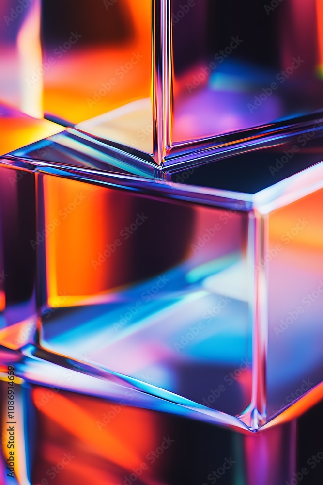 Poster vibrant abstract composition of transparent geometric shapes with colorful reflections and light pla