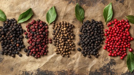 Fototapeta premium A diverse assortment of black pepper varieties arranged on textured paper with green bay leaves, offering a natural backdrop for branding or logo placement