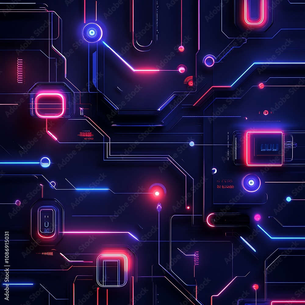 Poster vibrant abstract technology background with neon lines and circuit patterns featuring glowing elemen
