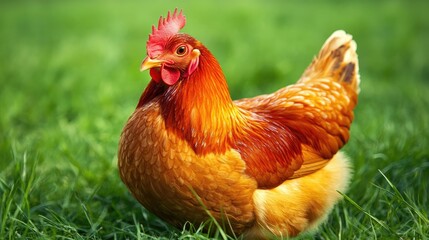 Fototapeta premium Vibrant close-up of a chicken with striking plumage, standing proudly amidst lush green grass on a farm, showcasing its rural charm and natural habitat.