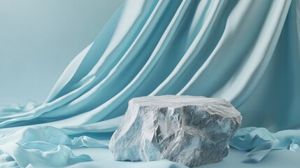 Fractured stone pedestal against soft light blue fabric, perfect for displaying cosmetic products and adding a touch of elegance to your presentation.
