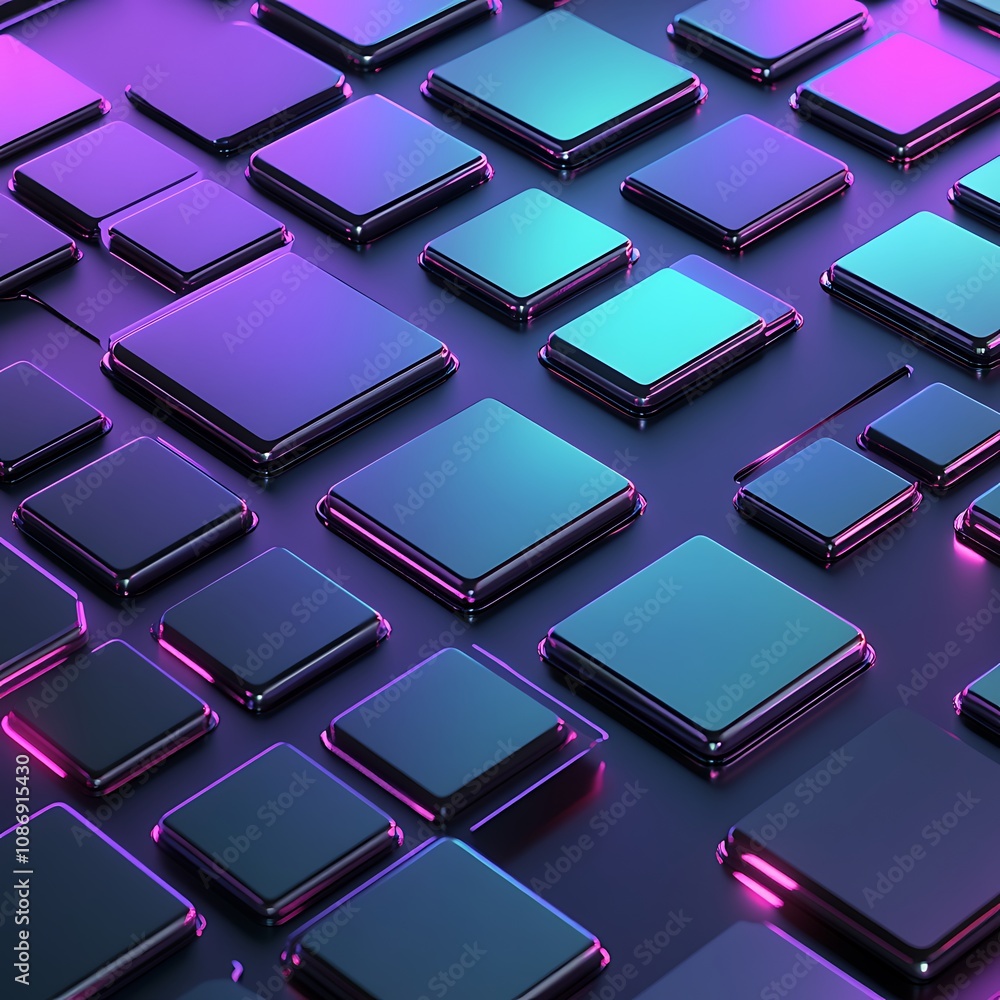 Poster vibrant futuristic abstract design with glossy 3d squares in neon colors creating a dynamic pattern 