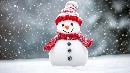 Cheerful snowman adorned with a red hat and scarf, standing in a snowy landscape with falling snowflakes, capturing the festive spirit of winter celebrations.