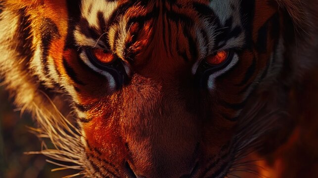 Close-up view of a red tiger showcasing its intense gaze and striking facial features, emphasizing its vibrant fur and captivating eyes