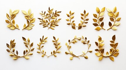 Elegant display of assorted golden olive crowns and laurel wreaths featuring intricate leaf designs in various shapes and sizes on a light background.