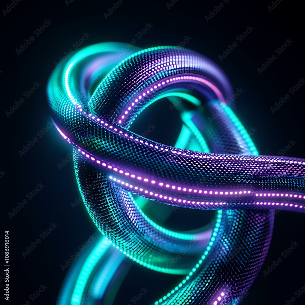 Poster vibrant neon light waves intertwining in a futuristic abstract design with glowing dots and dynamic 