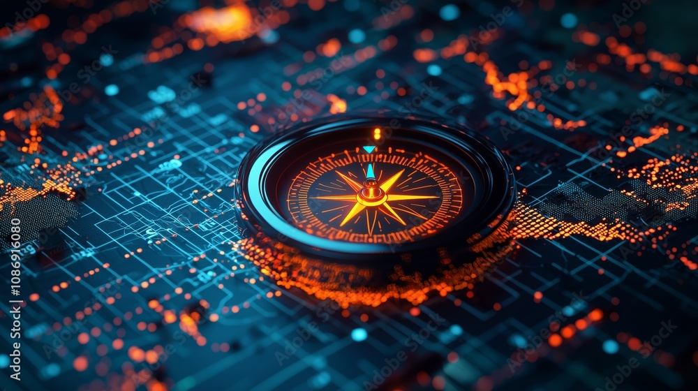 Poster stunning close-up of a glowing compass on an abstract digital map representing exploration and navig