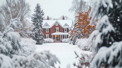Charming winter landscape with a snow-covered home surrounded by evergreen trees and vibrant autumn foliage, capturing the festive spirit of the holidays.