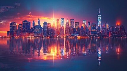 Fototapeta premium New York City skyline at night with illuminated skyscrapers on an isolated white background.