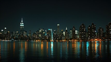 Obraz premium New York City skyline at night with illuminated skyscrapers on an isolated white background.