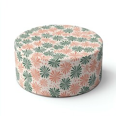 Patterned round ottoman with floral design, white background.