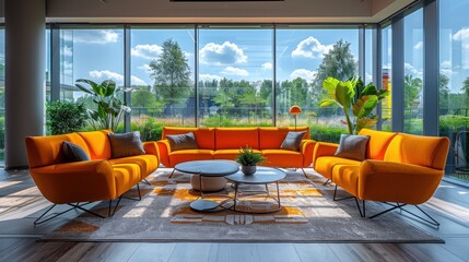 Fototapeta premium Office interior with coworking and meeting zone, panoramic window.