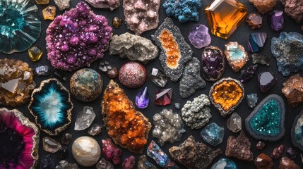 A vibrant assortment of gemstones and crystals in varied shapes and colors, artistically displayed on a textured dark background for a stunning visual effect.