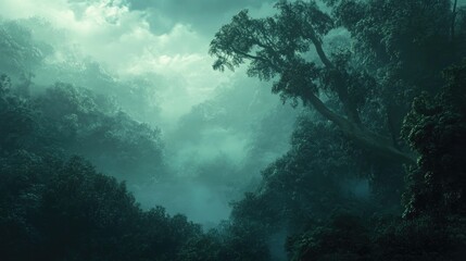 Fototapeta premium Misty sky enveloping a dense forest with towering trees, creating an ethereal and tranquil atmosphere filled with mystery and serenity.