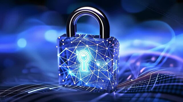 A digital padlock with a glowing keyhole, set against a futuristic blue background with connected lines and patterns.