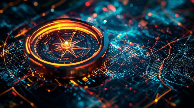 High-Tech Compass Overlaid on Futuristic Map with Neon Lights and Geometric Patterns for Navigation and Exploration Concepts