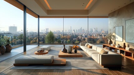Spacious modern living room with wooden accents and large windows overlooking a cityscape, featuring stylish furniture.