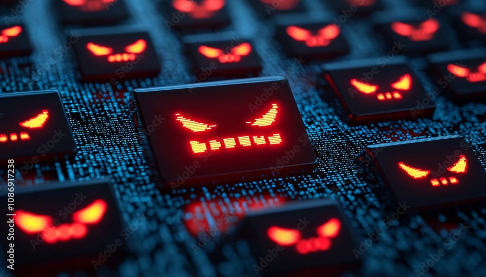 Poster a close-up view of computer keyboard keys illuminated with menacing red faces, symbolizing digital t