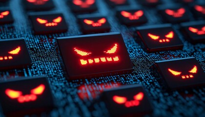 A close-up view of computer keyboard keys illuminated with menacing red faces, symbolizing digital threats.
