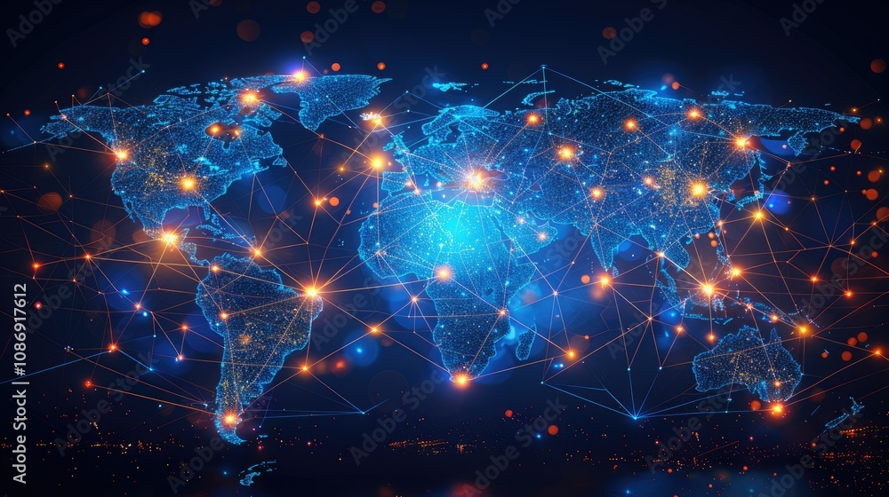 Poster a digital world map with glowing lines representing connections between countries.