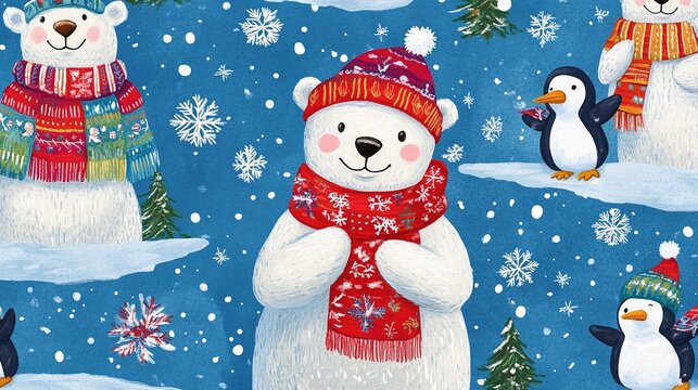 Carta digitale natalizia con in primo piano un orso polare con cappello e sciarpa rossa. Sullo sfondo due pinguini e altri orsi guardano i fiocchi di neve che cadono.