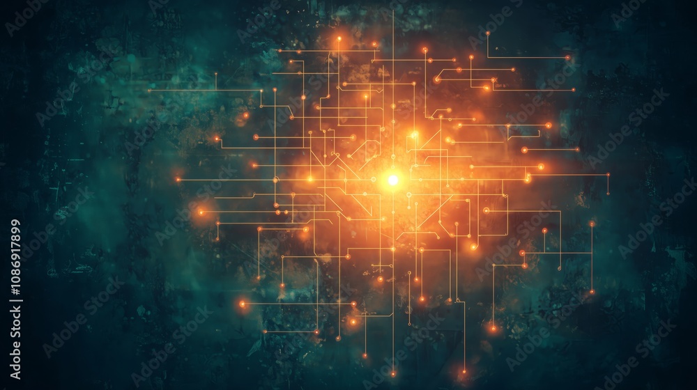 Poster abstract digital technology background displaying glowing lines and circuits with bright orange ligh