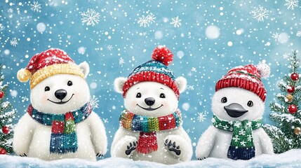 Due simpatici orsetti e un pinguino indossano cappelli e sciarpe multicolori sotto un'intensa nevicata.