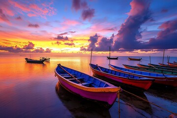 Fototapeta premium Serene Sunset Over Colorful Fishing Boats on Calm Waters