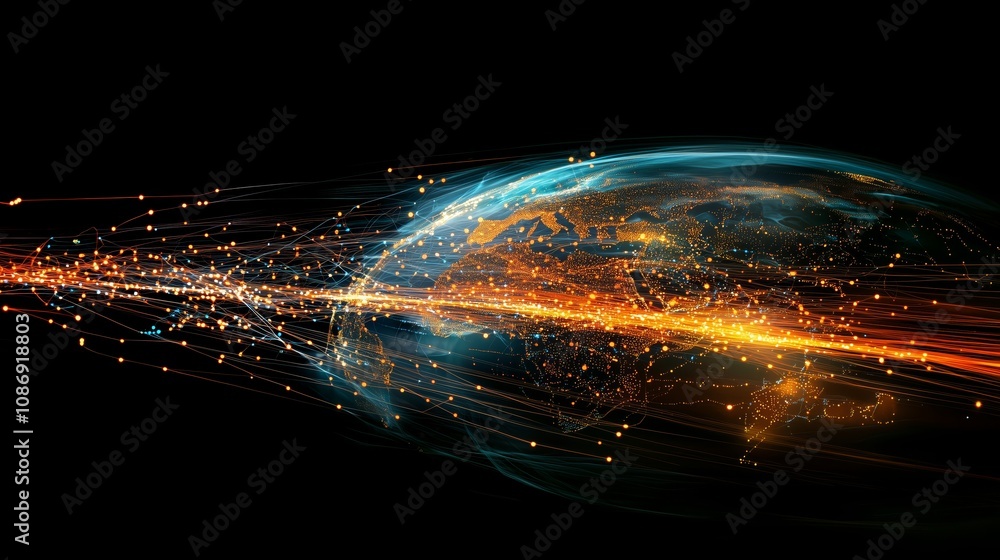 Poster futuristic global network concept with bright light trails and a digital earth representation showca