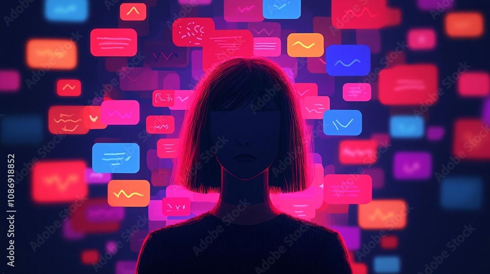 Poster a silhouette of a person surrounded by colorful digital notifications and messages in a vibrant, fut