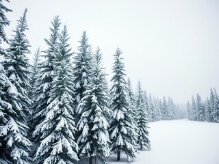 Fototapeta premium Snowy forest with tall evergreen trees and a blanket of fresh powder, woodland landscape, snowy, evergreen trees