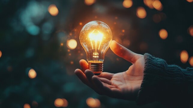 Businessman holding a glowing light bulb in a dark setting, symbolizing innovation and new ideas amidst a backdrop of soft, shimmering lights.
