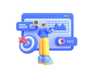 3d illustration with character analysis SEO Search Engine Optimization Marketing Website Internet Business Technology Concept