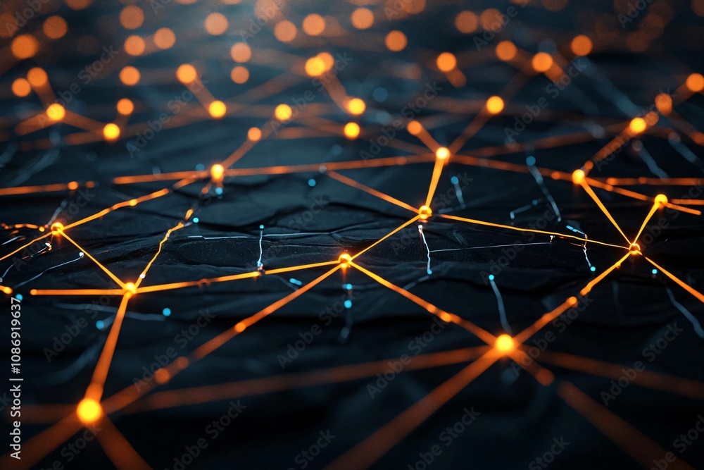Poster abstract network connections with glowing nodes illustrating data flow and digital communication in 