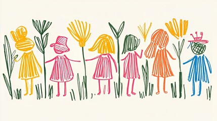 Colorful children's drawing of kids and flowers in a playful garden scene