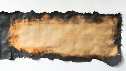 An aged parchment with jagged, charred edges featuring a burnt, golden-brown center, elegantly displayed against a pristine white background for striking contrast.
