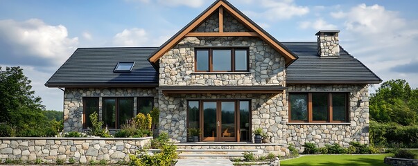 Charming countryside house front elevation mockup with rustic stone walls for text and commercial use