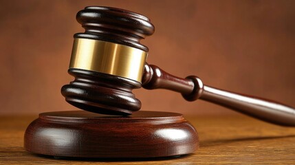 Closeup of a polished wooden courtroom gavel resting on its circular base with a rich brown background highlighting its craftsmanship and authority