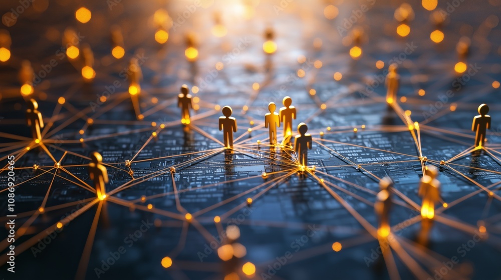 Poster digital network concept with human figures, connections and data points representing modern communic