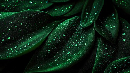 Obraz premium Close-up view of lush green leaves glistening with small water droplets, showcasing vibrant textures and natural beauty.