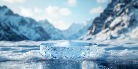 ice podium against winter outside scene, display stage of product, cold background for product presentation. mockup platform. cool stand pedestal round podium