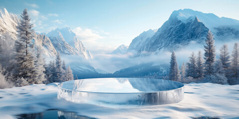 ice podium against winter outside scene, display stage of product, cold background for product presentation. mockup platform. cool stand pedestal round podium