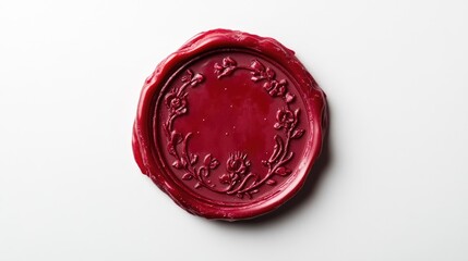 Red wax seal with intricate floral border design centered on a clean white background, showcasing a rich texture and elegant craftsmanship.