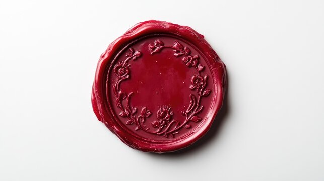 Red wax seal with intricate floral border design centered on a clean white background, showcasing a rich texture and elegant craftsmanship.
