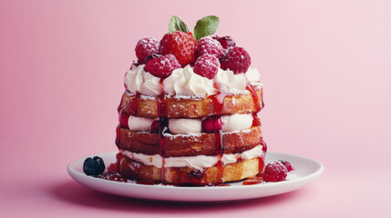 Delicious french toast with fruits jam syrup and cream frosting fashion pink background. food photography advertising modern delicious atmosphere cute luxury wallpaper